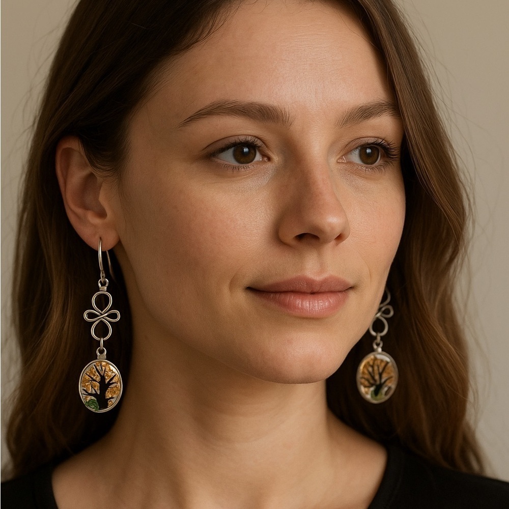 Handmade Autumn Tree Resin Earrings – Stainless Steel Hooks – Fall Nature NWT